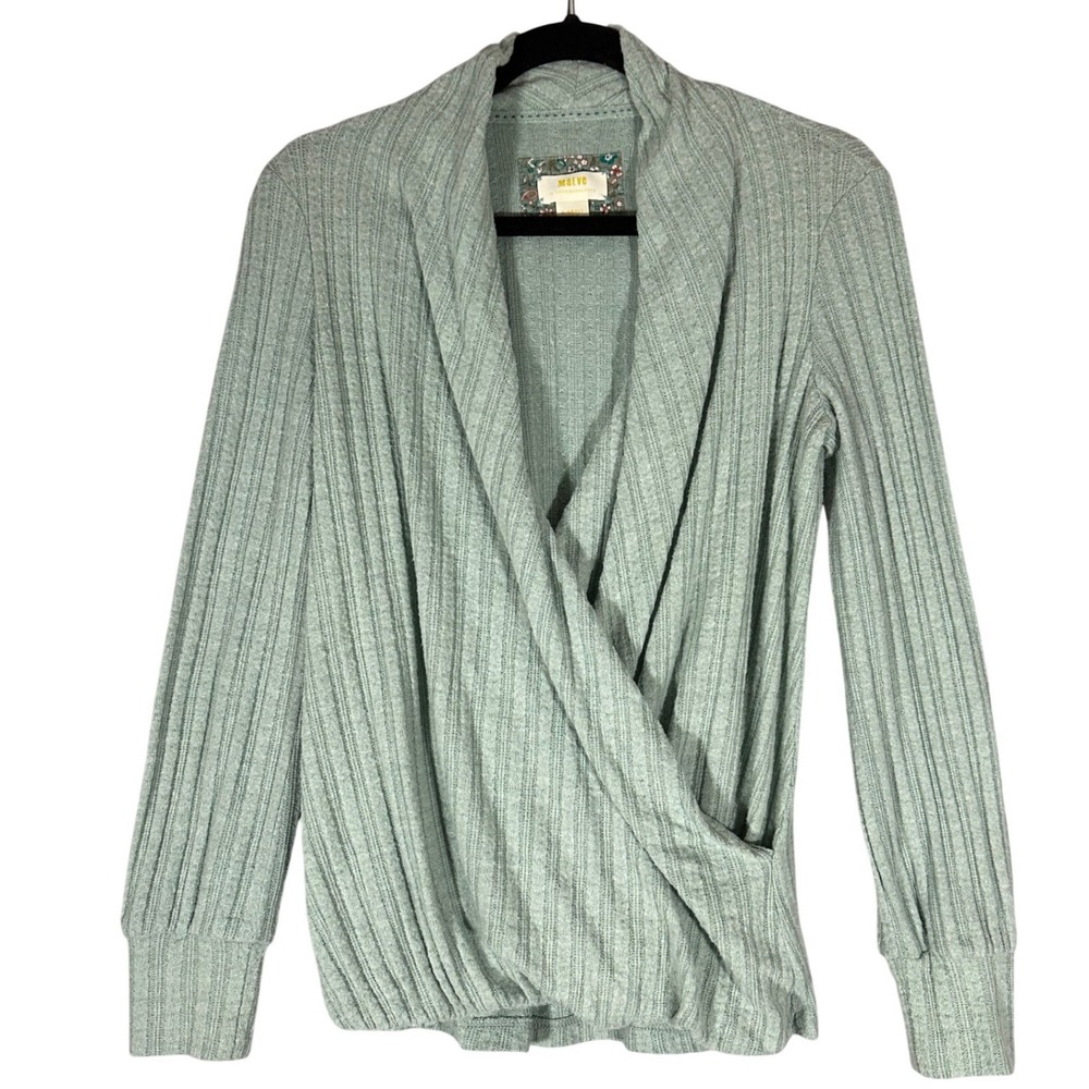 Maeve by Anthropologie Ribbed Knit Surplice Wrap Front Sweater Top Sz XS Seafoam